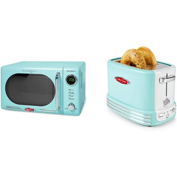 Nostaia Retro Compact Countertop Microwave Oven, 0.7 Cu. Ft. 700-Watts with LED Digital Display & Wide 2-Slice Toaster, Vinta Design With Crumb Tray, Cord Stora 5 Toasting Levels, Aqua