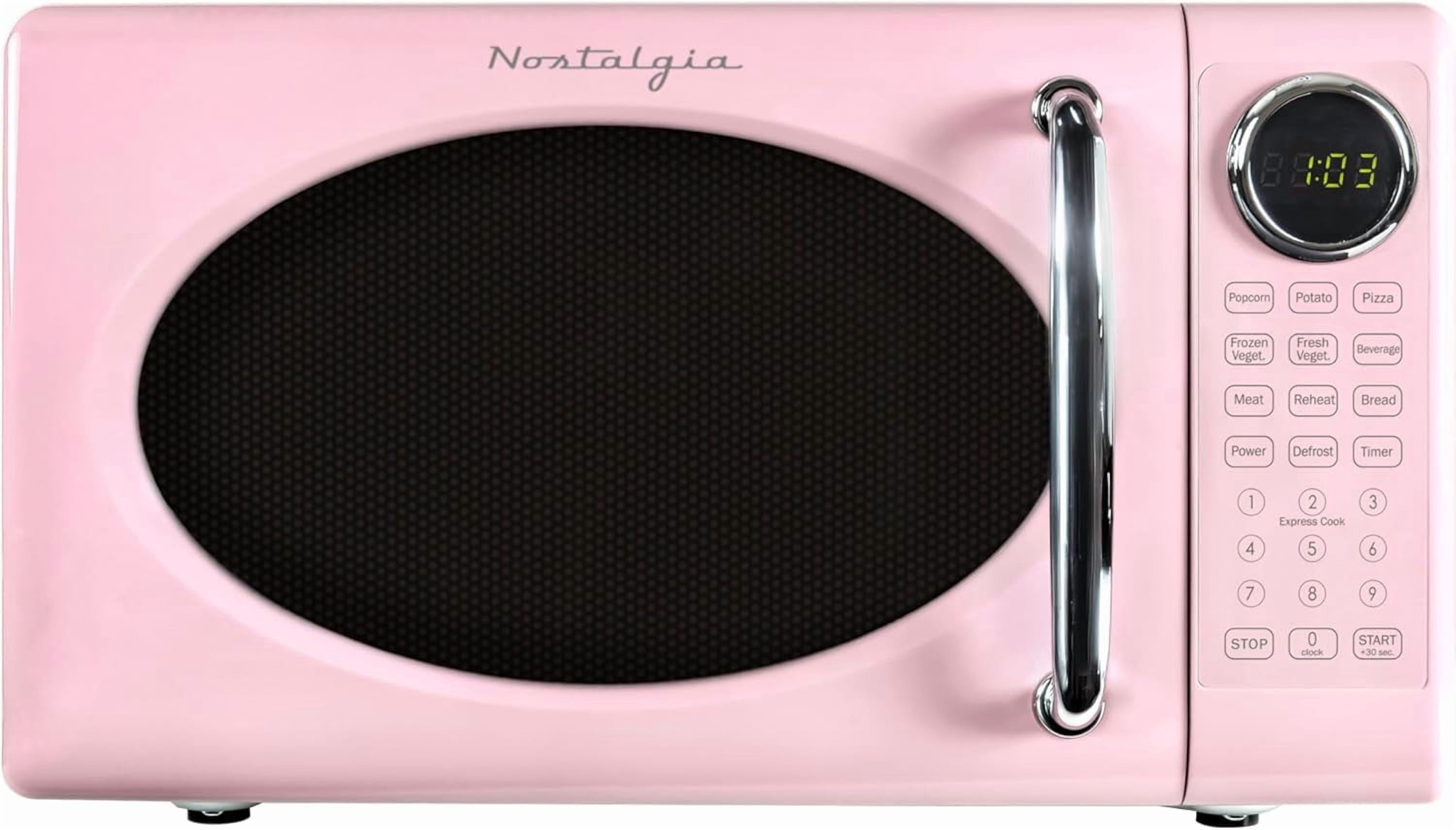 Nostalgia 0.7 Cu Ft 700-Watt Retro Pink Microwave, 8 Auto-Cook Programs, Digital Clock, Glass Turntable