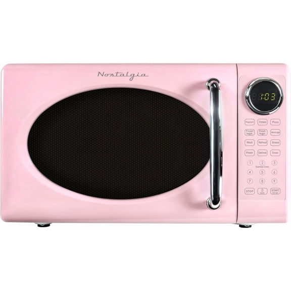 Nostalgia 0.7 Cu Ft 700-Watt Retro Pink Microwave, 8 Auto-Cook Programs, Digital Clock, Glass Turntable