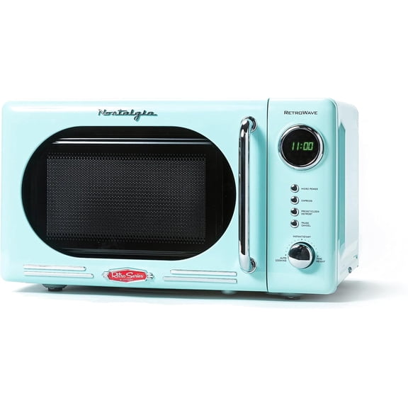 Open Box Nostalgia 0.7 cu ft Retro Microwave Oven, 700W Countertop Microwave Oven with Digital Clock, Aqua