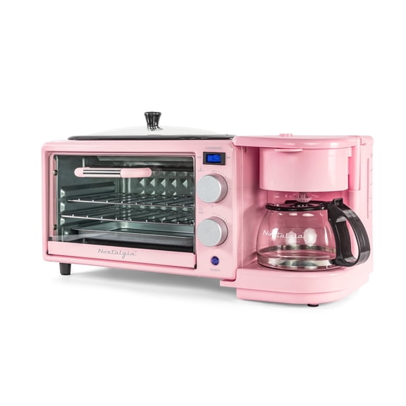 Nostalgia 3-in-1 Retro Breakfast Station - Includes 5 Cup Coffee Maker, Non-Stick Ceramic Griddle, and 4-Slice Toaster Oven - Built-In Timer, Reusable Coffee Filter, Space-Saving Design - Pink