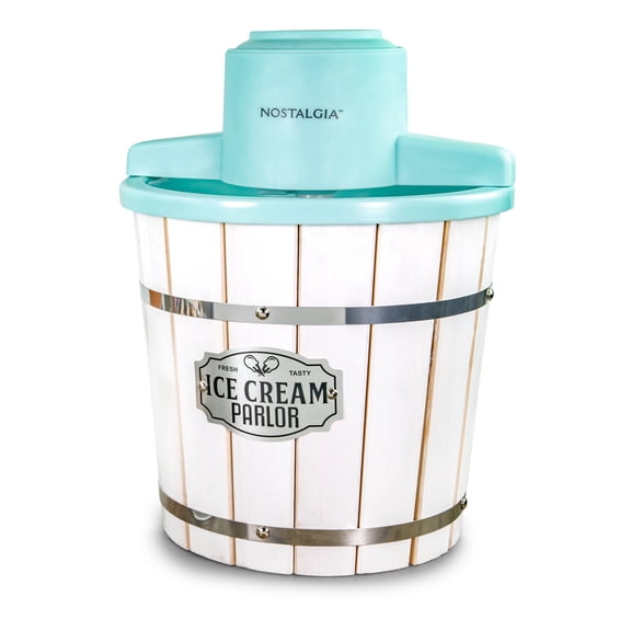 Nostalgia 4-Quart Ice Cream Machine, Parlor Wood Bucket Electric Ice Cream Maker, White and Aqua