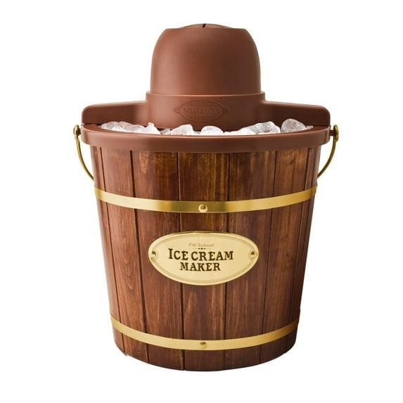 Nostalgia 4-Quart Ice Cream Machine, Vintage Electric Ice Cream Maker with Clear Lid, Dark Wood