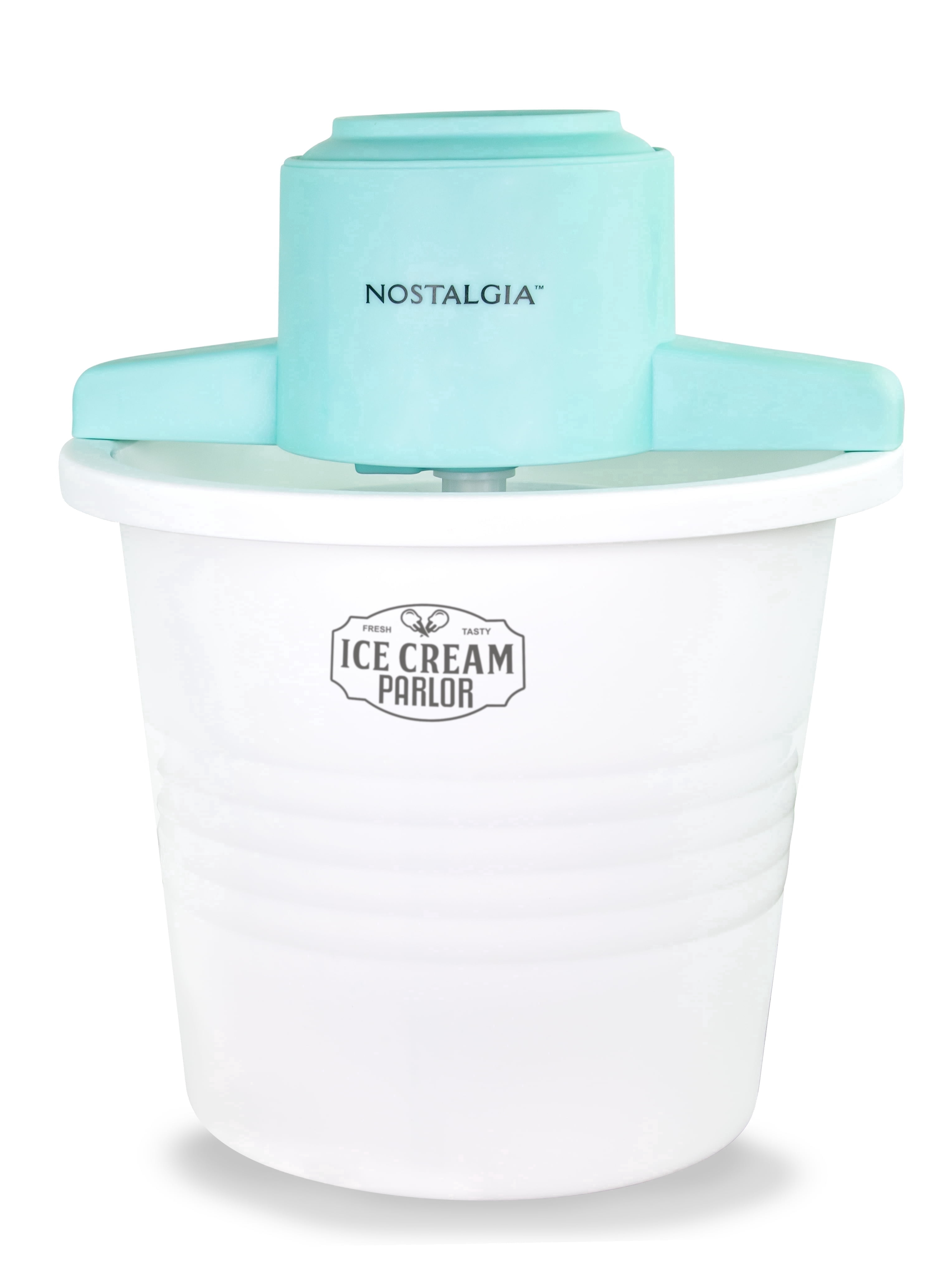 Nostalgia 4-Quart Ice Cream Machine, Vintage Electric Ice Cream Maker with Clear Lid, White/Blue