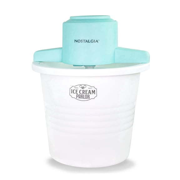 Nostalgia 4-Quart Ice Cream Machine, Vintage Electric Ice Cream Maker with Clear Lid, White/Blue