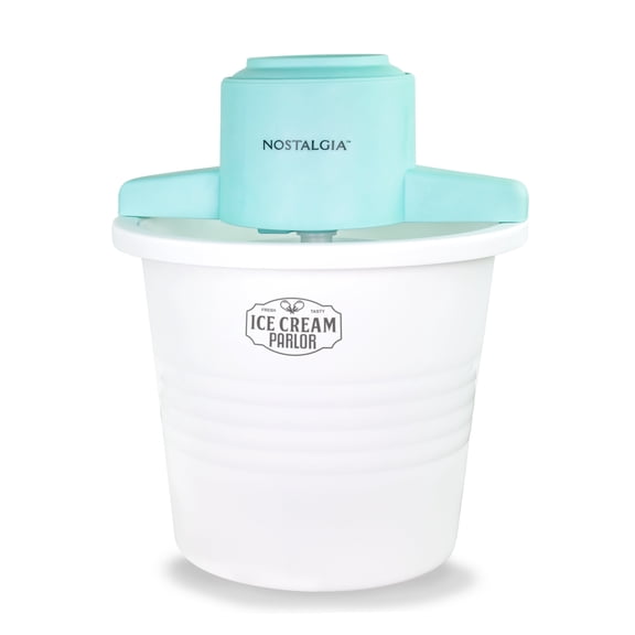 Nostalgia 4-Quart Ice Cream Machine, Vintage Electric Ice Cream Maker with Clear Lid, White/Blue