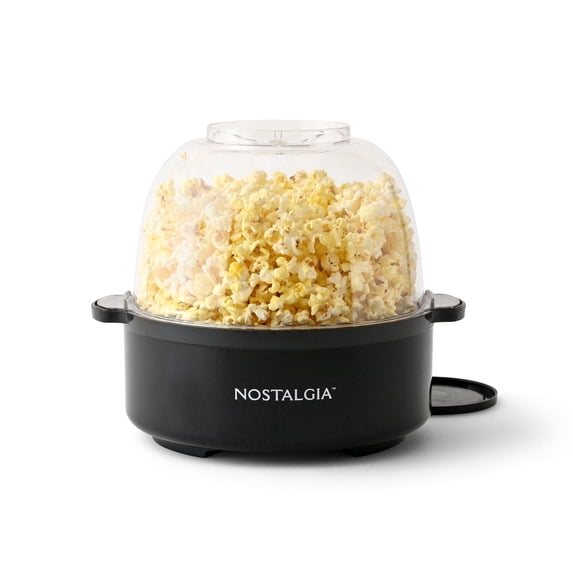 Nostalgia 6 qt Countertop Popcorn Machine, Stainless Steel Stirring Popcorn Popper with Vented Lid, Black