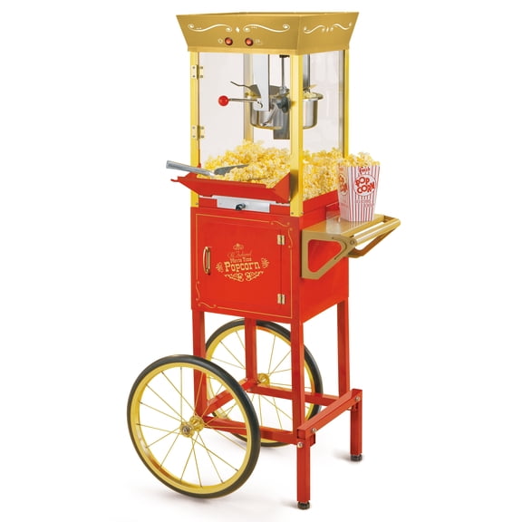 Nostalgia 8 oz Popcorn Machine Cart, Stainless Steel Vintage Popcorn Maker Cart, Makes 32 Cups, Red