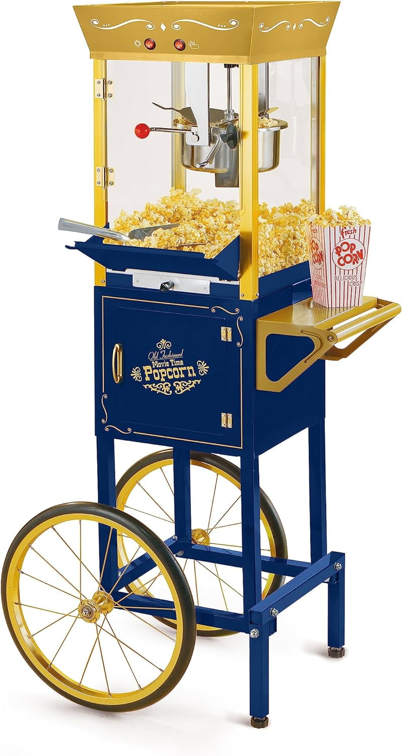 Navy and Gold Vintage Popcorn Cart with 8-Ounce Kettle