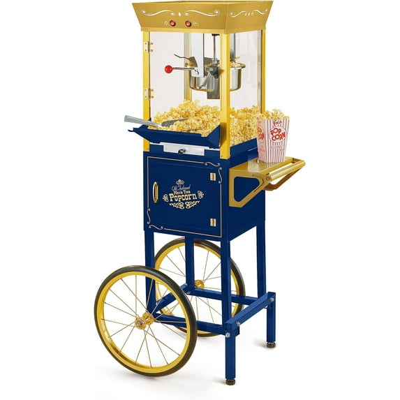 Nostalgia Appliances Popcorn Cart Vintage Movie Theatre Popcorn Machine, Navy