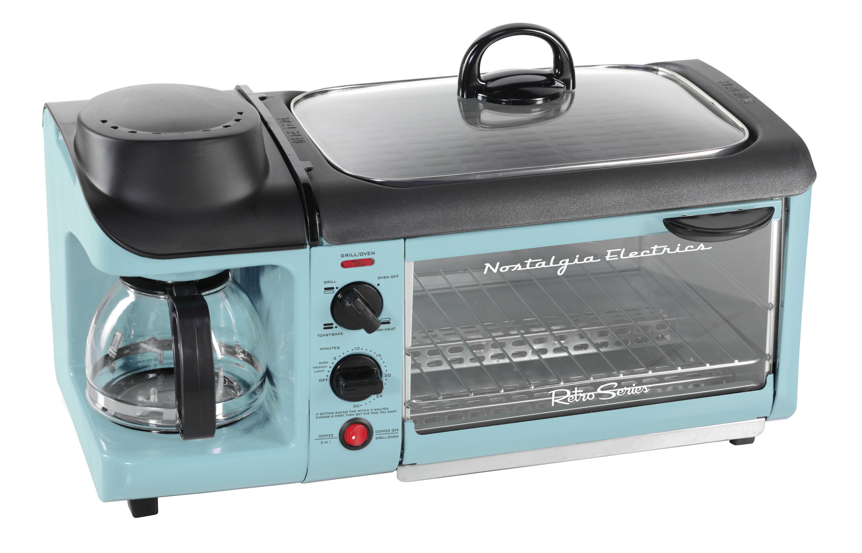 Nostalgia BST3AQ Retro 3-in-1 Family Size Electric Breakfast Station, Coffeemaker, Griddle, Toaster Oven - Aqua - image 1 of 7