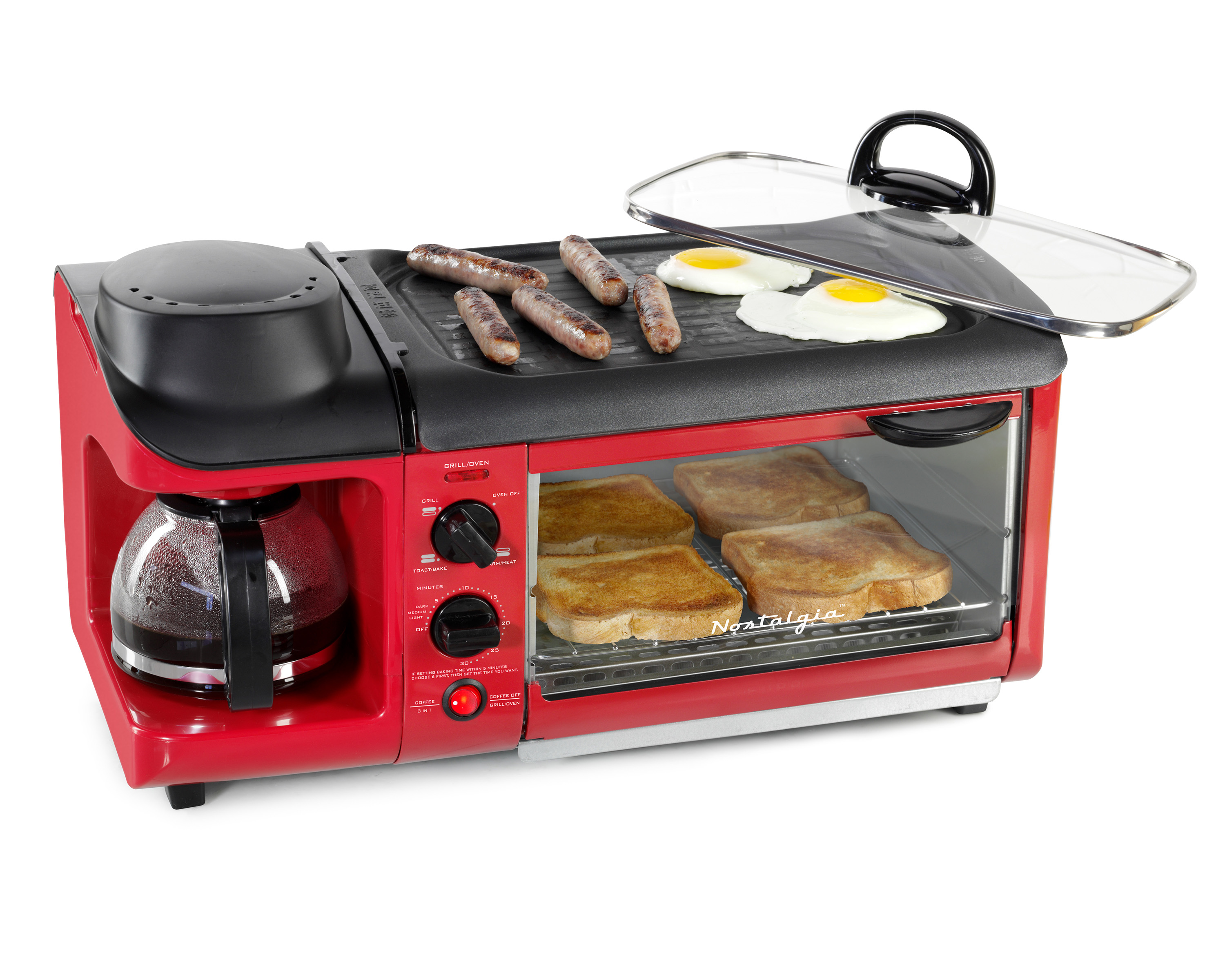 Nostalgia BST3RR Retro 3-in-1 Family Size Electric Breakfast Station, Coffeemaker, Griddle, Toaster Oven - Retro Red - image 1 of 7