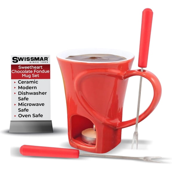 Nostalgia Chocolate Fondue Mug Set, Ceramic Melting Pot with Tea Light Candle & Forks, Perfect for Chocolate, Cheese, and Desserts, Dishwasher & Oven Safe