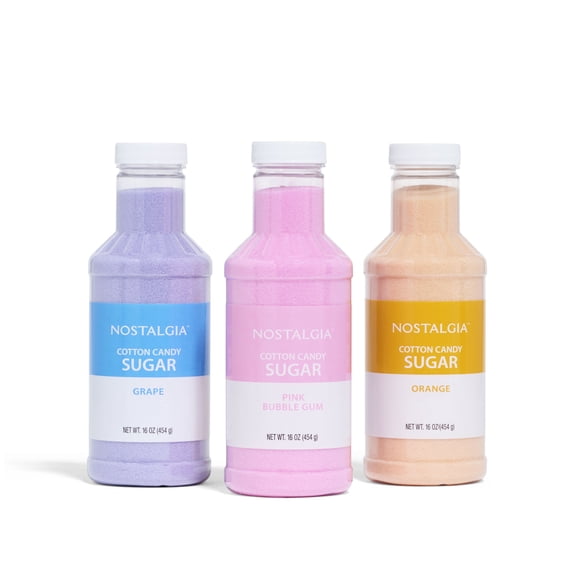 Nostalgia Flossing Sugar Kit, 16 oz Cotton Candy Sugar in Orange, Grape, and Pink Bubble Gum, 3-Pack