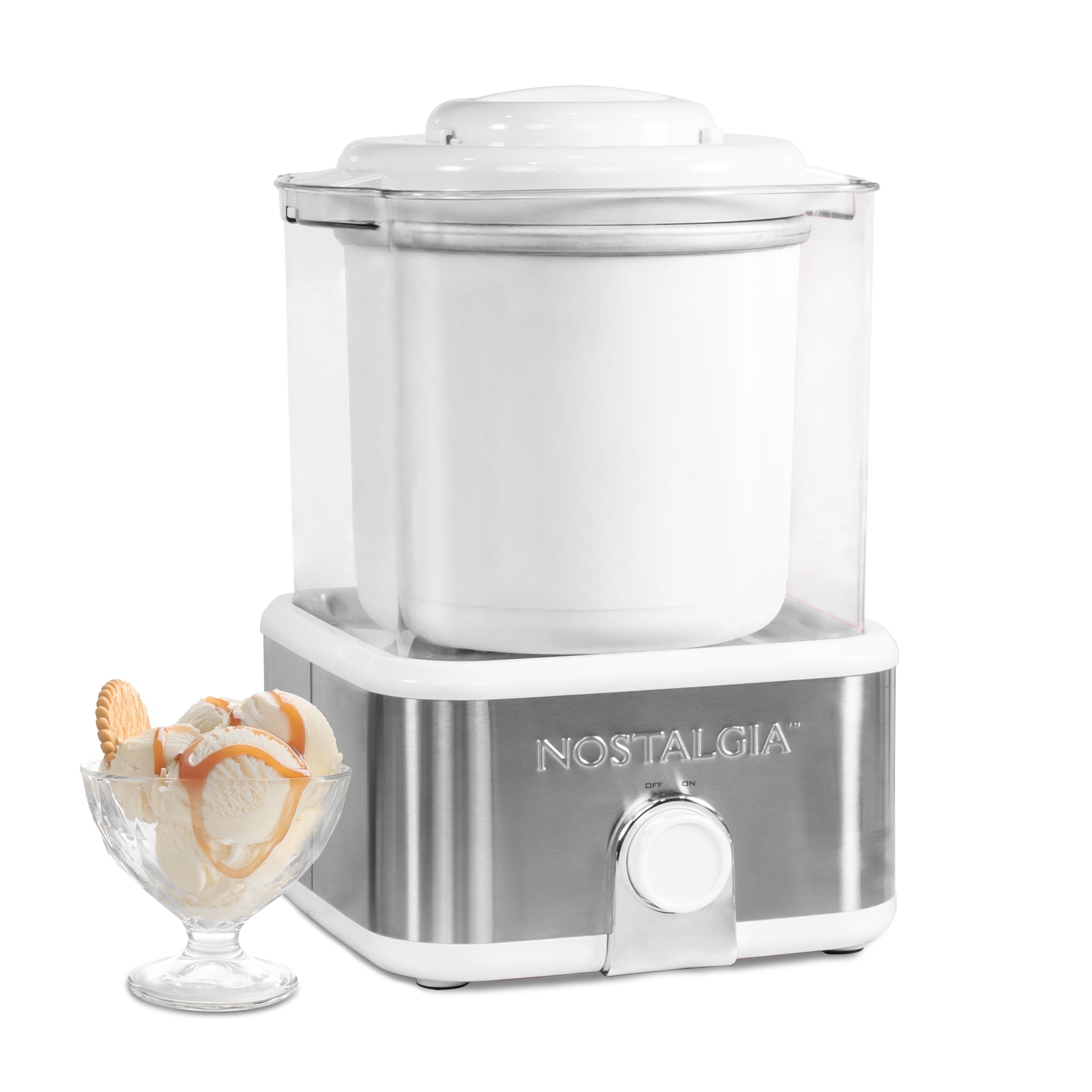 Nostalgia Electric Ice Cream Maker with 2-Qt Double Insulated Gel Canister & Stainless Steel Base - Makes Sorbet, Soft Serve, and Frozen Yogurt - White