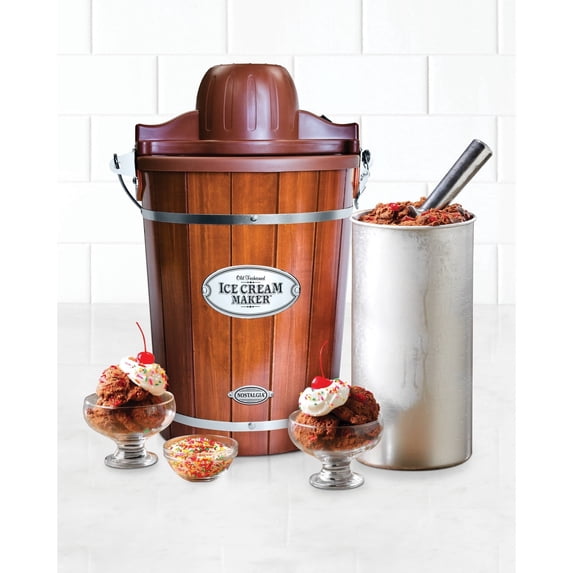 Nostalgia 6-Quart Ice Cream Machine, Vintage Electric Ice Cream Maker with Clear Lid, Dark Wood