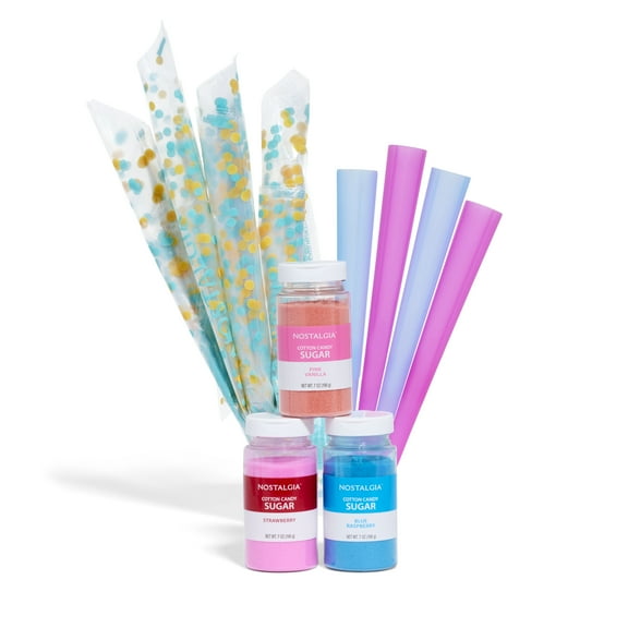 Nostalgia FSCC8 Cotton Candy Party Kit, 3 7-oz Flossing Sugars, Reusable Cones and Twist Ties
