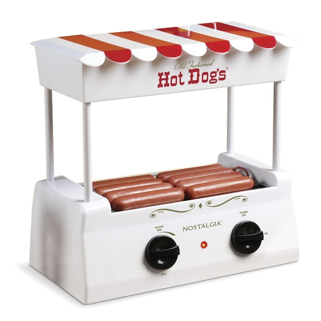 Nostalgia HDR565 Countertop Hot Dog Roller and Warmer, 8 Regular Sized or 4 Foot Long Hot Dogs and 6 Bun Capacity – White
