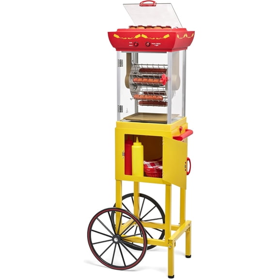 Nostalgia Hot Dog Ferris Wheel - Retro Style Hot Dog Roller Cart Toaster - Classic 6-Piece Grill Machine with Bun Warmer, Push Handle, Wheels, Transparent Housing, Storage Compartment