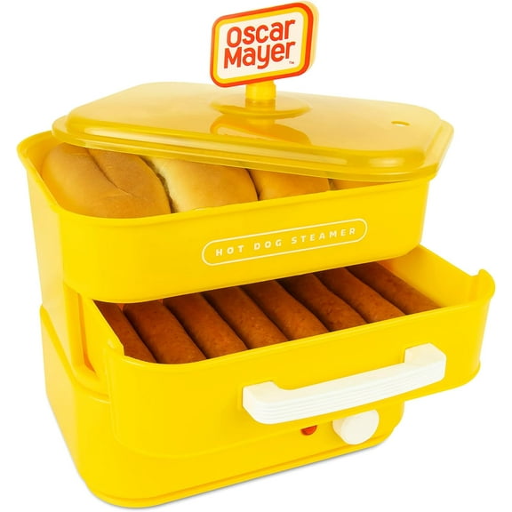 Nostalgia Oscar Mayer Hot Dog Steamer, Hot Dog Cooker with Bun Warming Tray, 350W, Yellow