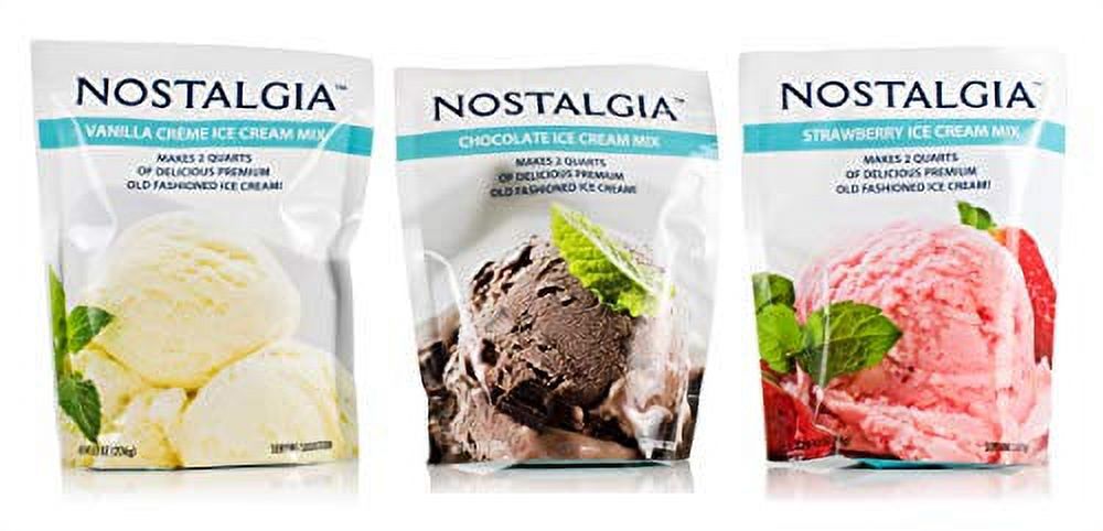 Nostalgia Ice Cream Mix. Set of 3 - Vanilla, Chocolate and Strawberry. Each  Pocket of 8 Oz Makes 2 Quarts of Delicious Premium Old Fashioned Ice