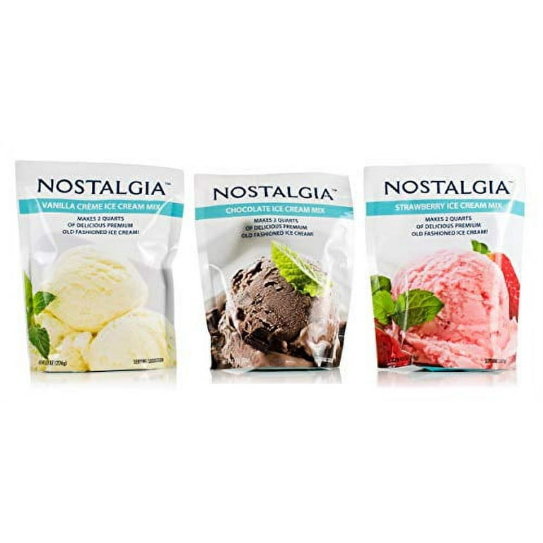 Nostalgia Ice Cream Mix. Set of 3 - Vanilla, Chocolate and Strawberry. Each  Pocket of 8 Oz Makes 2 Quarts of Delicious Premium Old Fashioned Ice