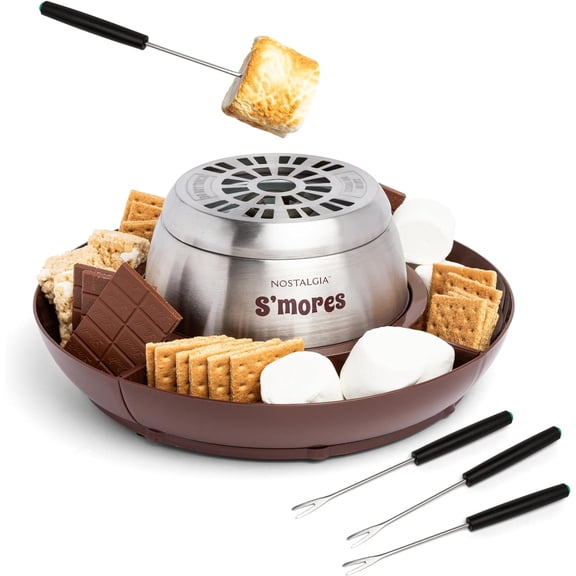 Nostalgia Deluxe Smores Maker Kit, Electric Smore Maker with 4 Marshmallow Roasting Forks, Brown