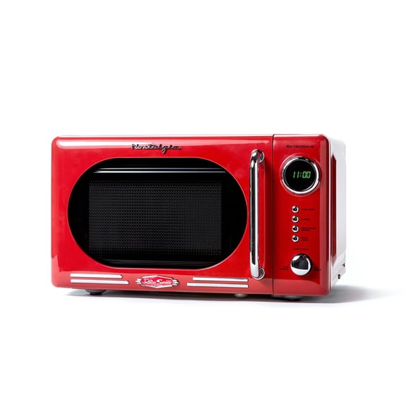 Nostalgia 0.7 cu ft Retro Microwave Oven, 700W Countertop Microwave Oven with Digital Clock, Red