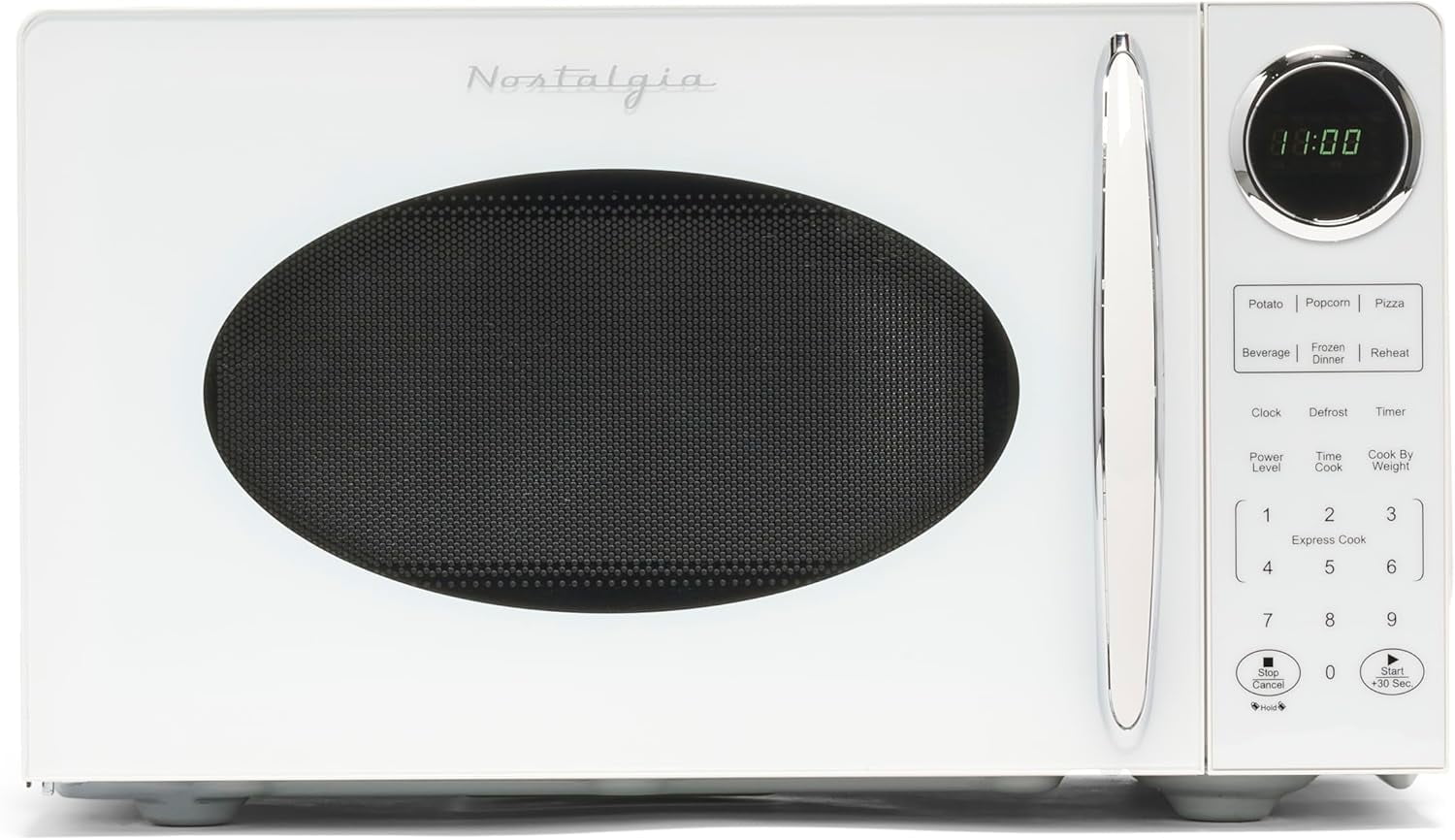 Nostalgia Modern Retro Countertop Microwave Oven - 900-Watt - 0.9 cu ft - 12 Pre-Programmed Cooking Settings - Digital Clock - Kitchen Appliances - White