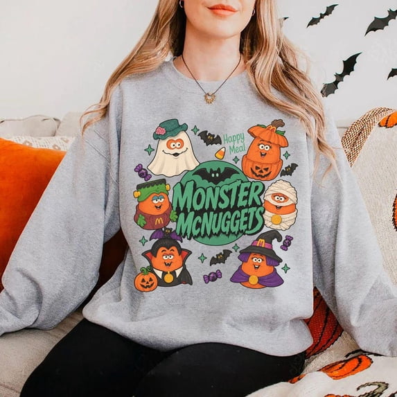 Nostalgia Monster Nuggets Sweatshirt, Vintage Halloween Shirt, Halloween Monsters Shirt,Ash Grey Color,Size 2XL