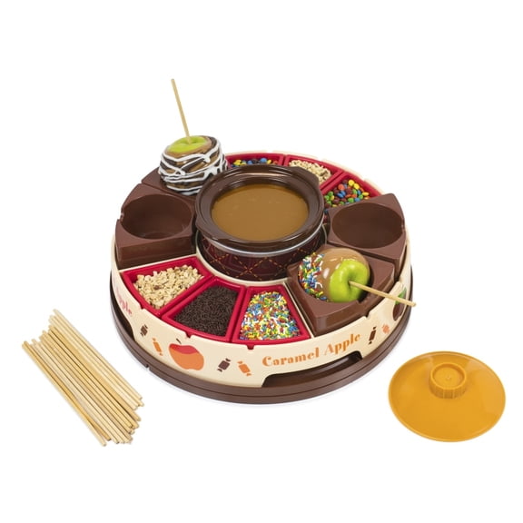 Nostalgia Lazy Susan Chocolate Fondue Pot and Caramel Apple Party Set with 16 oz Melting Pot and 25 Sticks