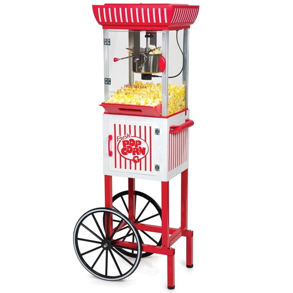 Nostalgia Popcorn Maker Cart, Vintage Movie Theater Popcorn Machine with 2.5 oz Stainless Steel Kettle, White and Red