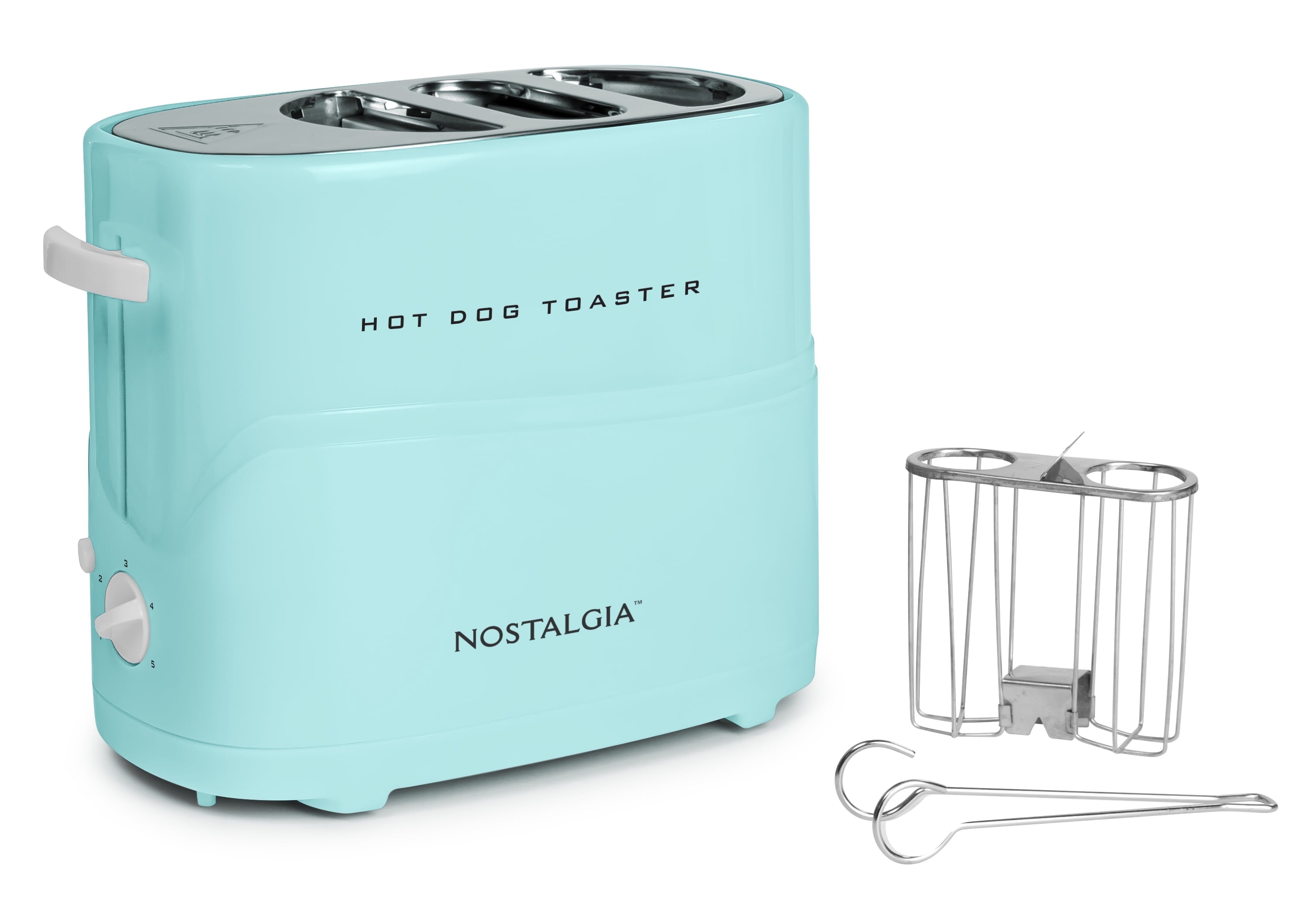 Nostalgia 2-Slot Pop-Up Bun and Hot Dog Toaster with Removable Hot Dog Cage and Mini Tongs, Aqua