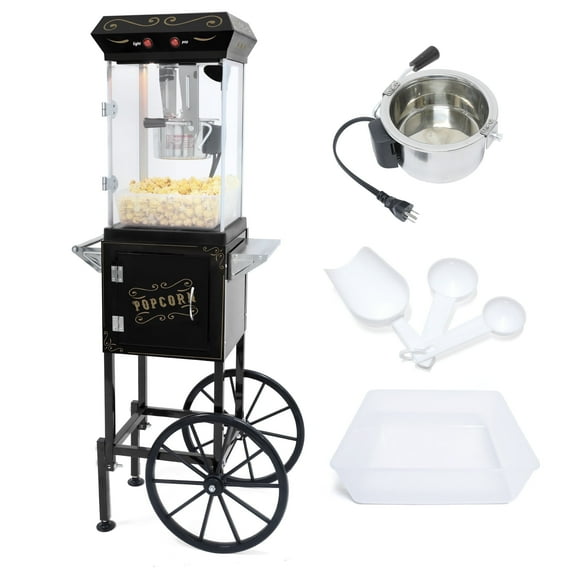 Ganeed Popcorn Maker Machine - Professional Cart With 6Oz 8 Oz Kettle Makes Up to 32 Cups - Vintage Popcorn Machine Movie Theater Style - Black