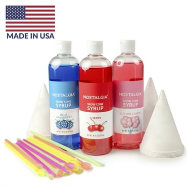 Nostalgia Premium Snow Cone Syrup Party Kit, 3 16-Ounce Snow Cone Syrups 20 Snow Cones, 20 Spoon Straws, SCK3