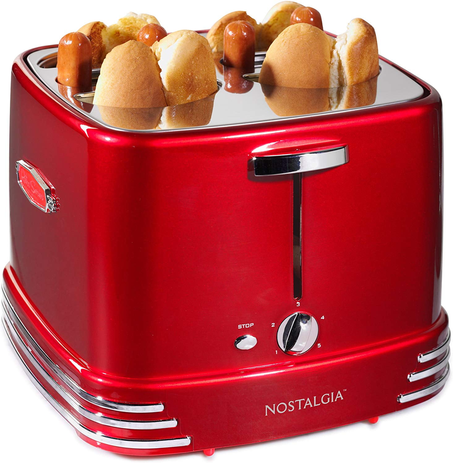 Nostalgia 4-Slot Retro Pop-Up Bun and Hot Dog Toaster with Slide Out Drip Trays and Mini Tongs, Red