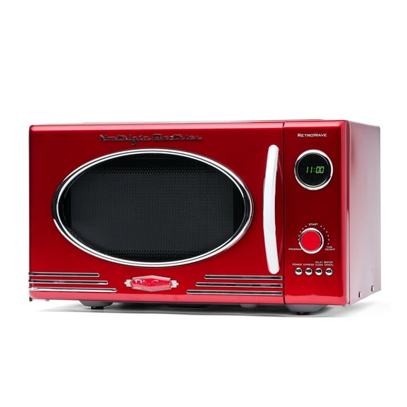 Nostalgia 0.9 cu ft Retro Microwave Oven, 800W Countertop Microwave Oven with Digital Clock, Red