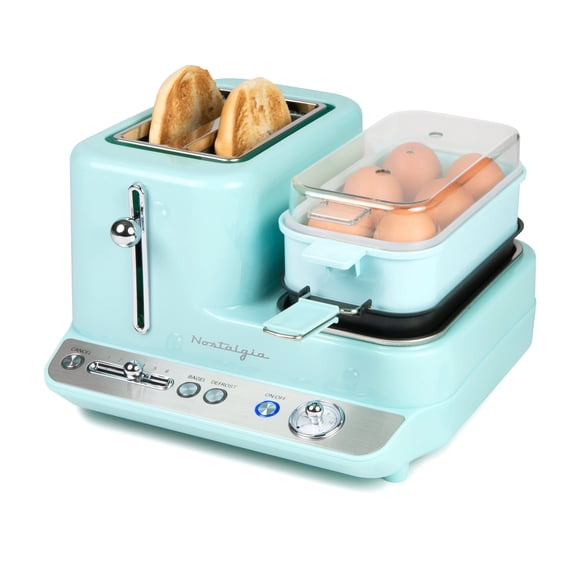 Nostalgia Retro 3-in-1 Breakfast Station with Egg Cooker, Griddle, and Bread Toaster, Aqua