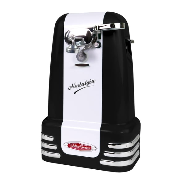 Nostalgia Retro Can Opener, Electric Can Opener with Built-in Knife Sharpener and Bottle Opener, Black