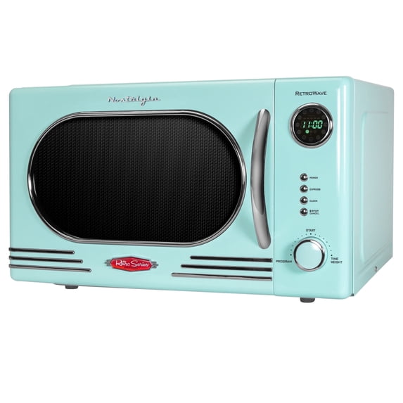 Nostalgia 1.1 cu ft Retro Microwave Oven, 1000W Countertop Microwave Oven with Digital Clock, Aqua