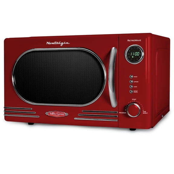 Nostalgia 1.1 cu ft Retro Microwave Oven, 1000W Countertop Microwave Oven with Digital Clock, Red