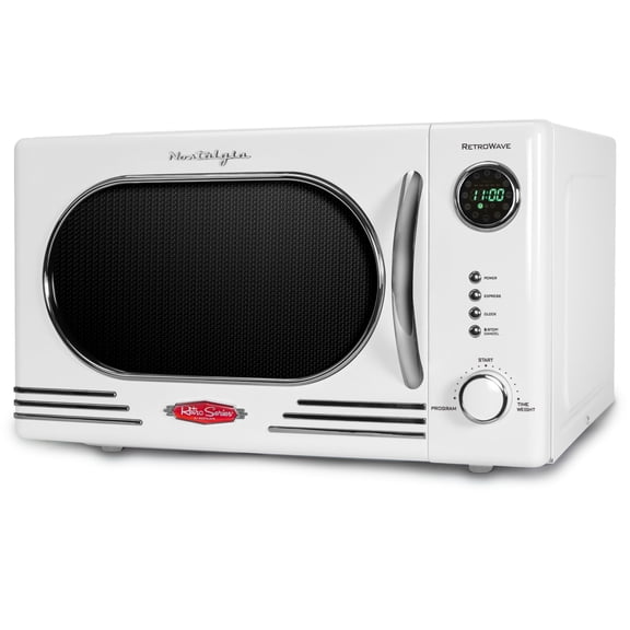 Nostalgia 1.1 cu ft Retro Microwave Oven, 1000W Countertop Microwave Oven with Digital Clock, White