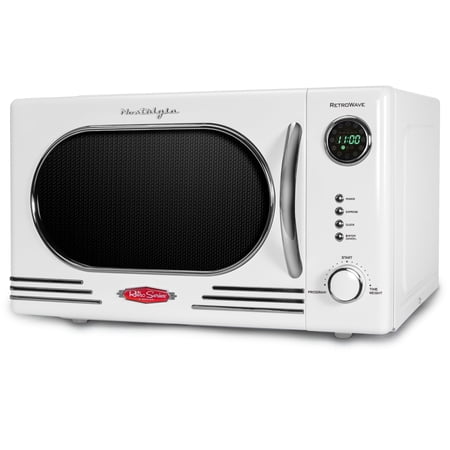 Nostalgia 1.1 cu ft Retro Microwave Oven, 1000W Countertop Microwave Oven with Digital Clock, White