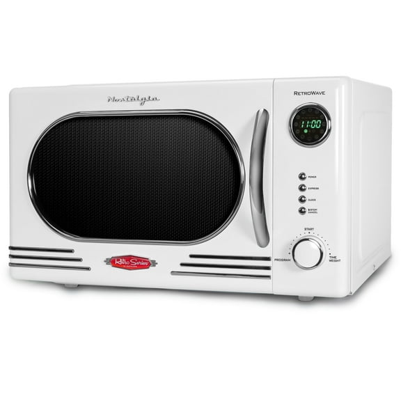 Nostalgia Retro Countertop Microwave Oven - Large 1000-Watt - 1.1 cu ft - 12 Pre-Programmed Cooking Settings - Digital Clock - Kitchen Appliances - White