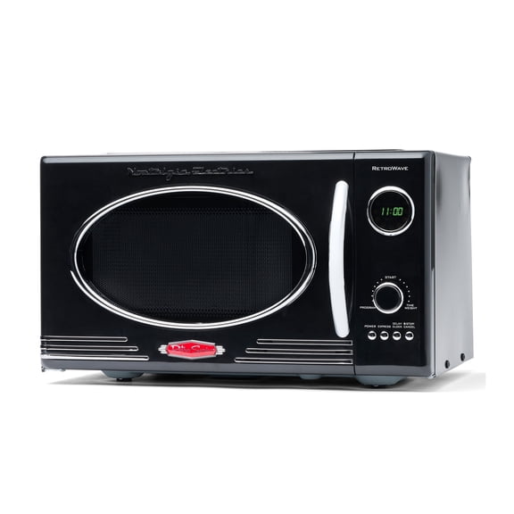 Nostalgia 0.9 cu ft Retro Microwave Oven, 800W Countertop Microwave Oven with Digital Clock, Silver/Black