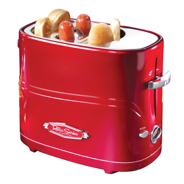 Nostalgia 2-Slot Retro Pop-Up Bun and Hot Dog Toaster with Removable Hot Dog Cage and Mini Tongs, Red