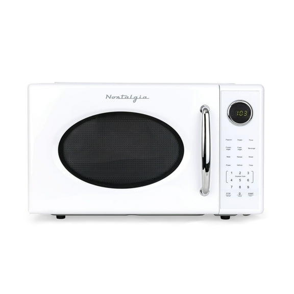 Nostalgia Retro Microwave Oven - 1.1 Cu Ft & 1000-Watt Countertop Size with Glass Turntable, Child Safety Lock, 8 Auto-Cook Programs & Digital Clock - White