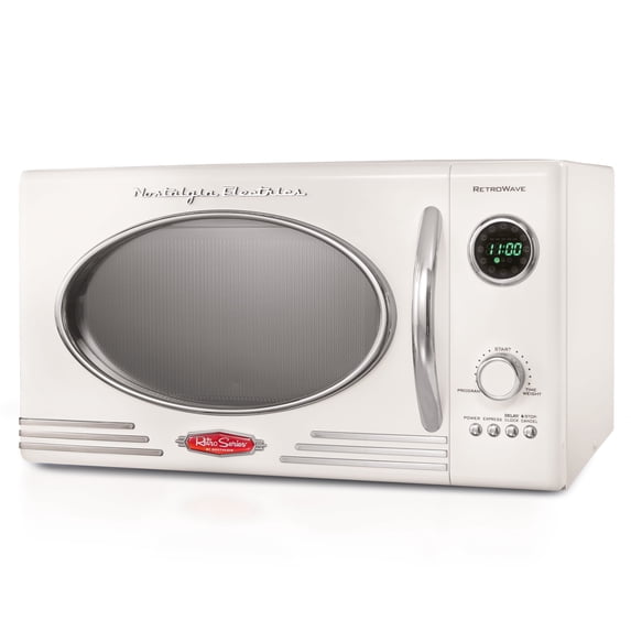 Nostalgia 0.9 cu ft Retro Microwave Oven, 800W Countertop Microwave Oven with Digital Clock, White