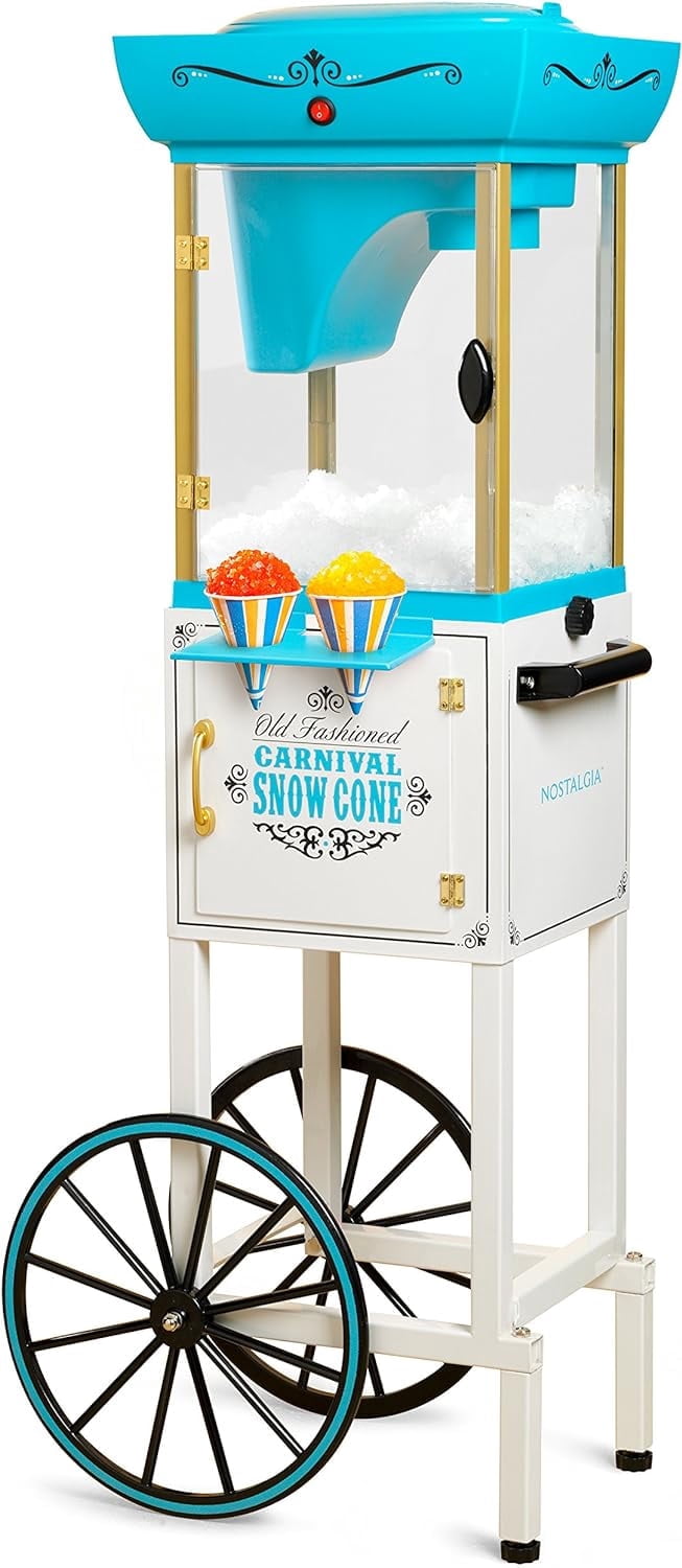 Nostalgia 48-Inch Retro Snow Cone Maker Cart and Shaved Ice Machine with Built-In Storage, White Blue