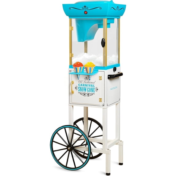 Nostalgia 48-Inch Retro Snow Cone Maker Cart and Shaved Ice Machine with Built-In Storage, White Blue